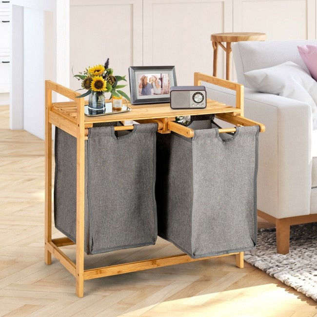 Bamboo Laundry Hamper With Dual Compartments Laundry Sorter And Sliding