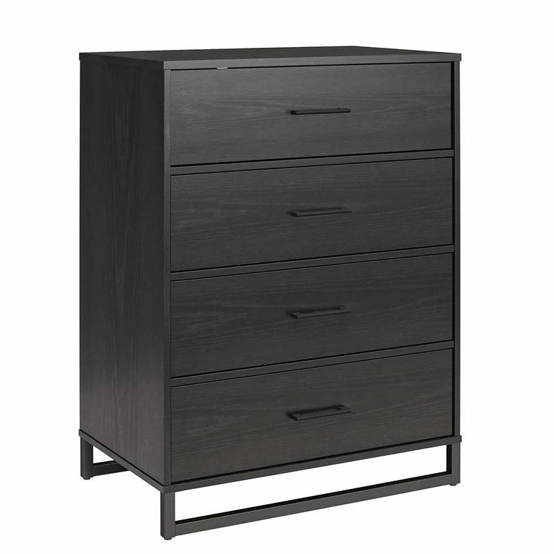 Modern 4Drawer Bedroom Chest Dresser In Rustic Black Wood Finish
