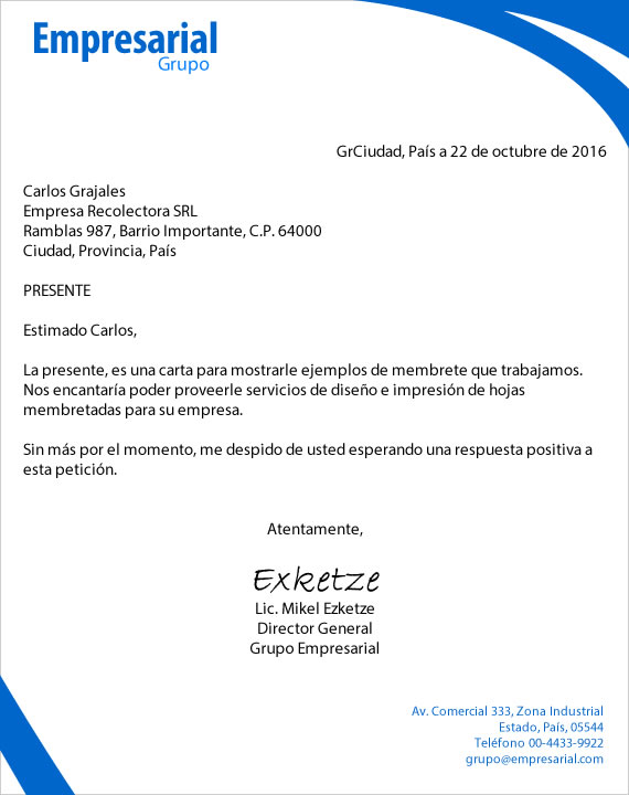 Ejemplos de Membrete en la Carta
