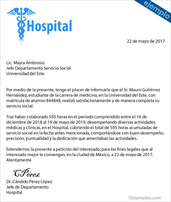 Ejemplos de carta terminación de servicio social