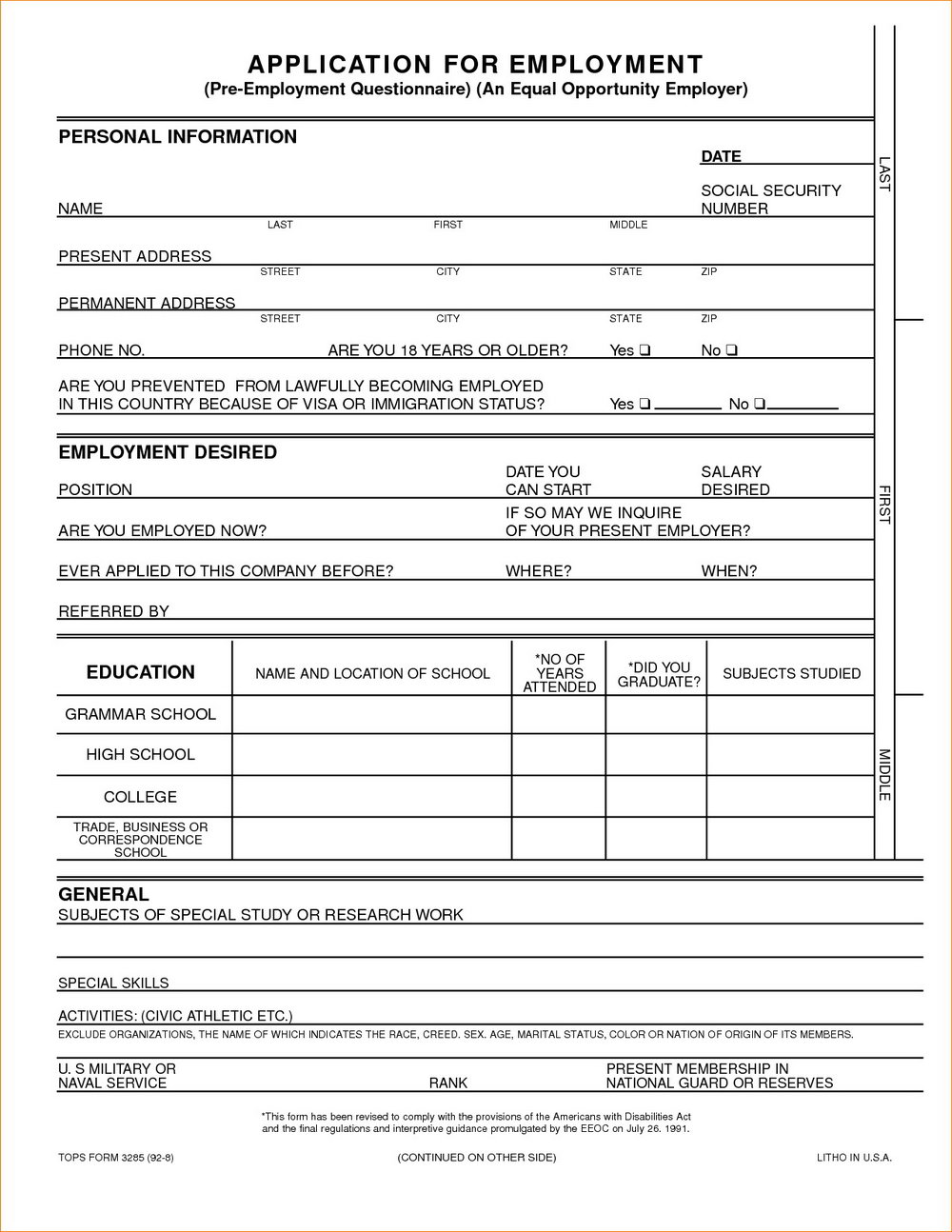 Generic Job Application Printable Free Template Business PSD, Excel, Word, PDF
