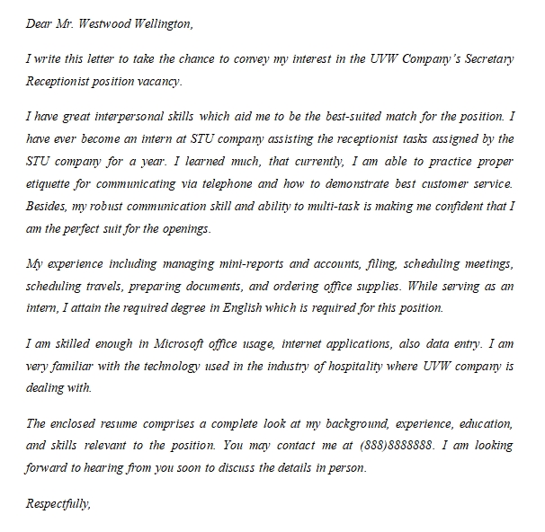 Otstanding Secretary Receptionist Cover Letter Sample