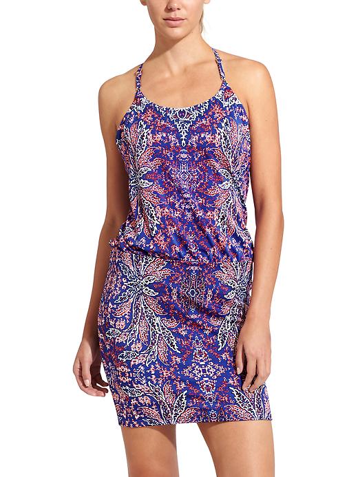 Athleta Womens Aqualuxe Print Swim Dress Size L Amalfi blue ikat