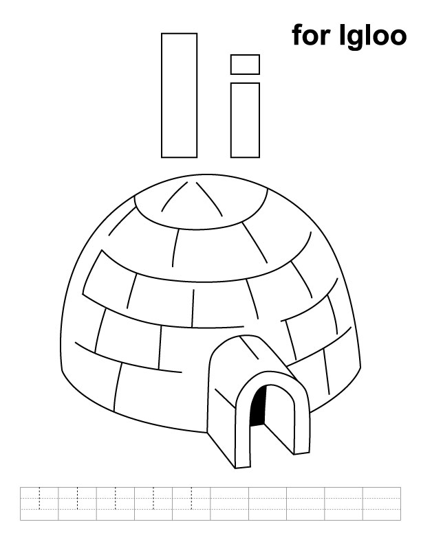 I for igloo coloring page with handwriting practice
