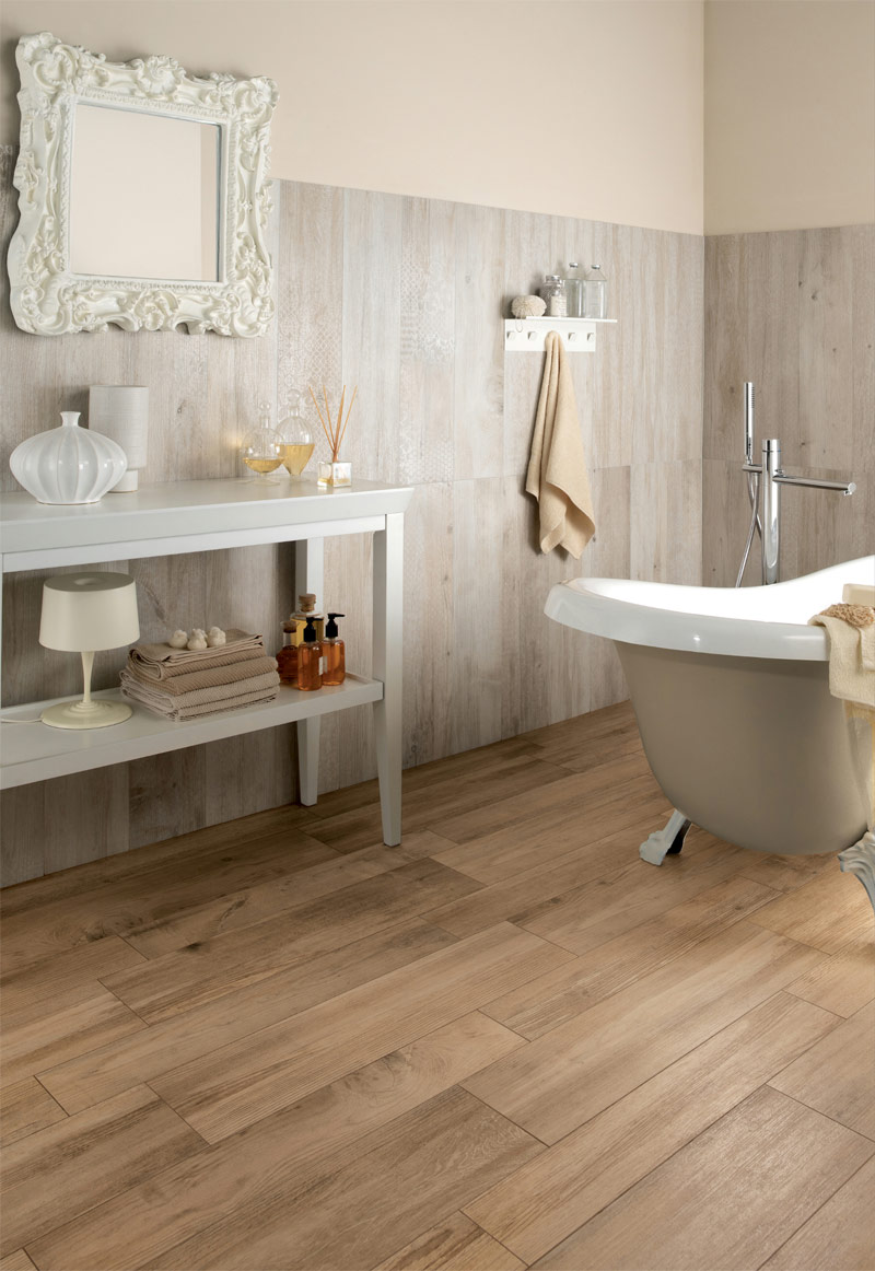 medium rough wooden floor tiles in bathroom Interior
