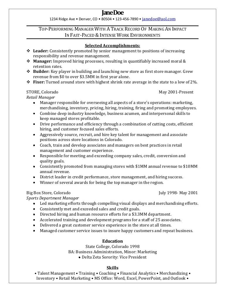 Retail Manager Sample Resume