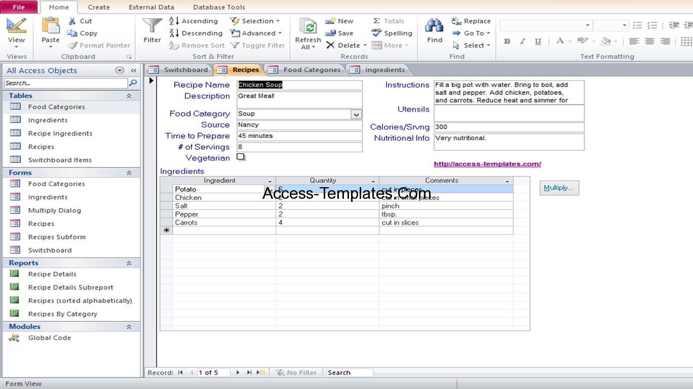 Microsoft Access Food Recipe Database Templates Example Access Database and Templates
