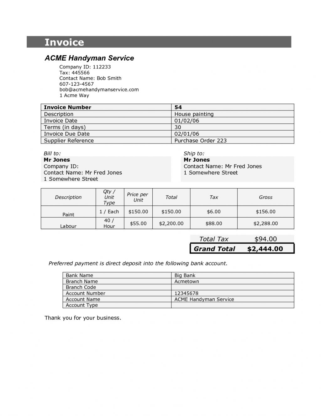 Handyman Invoice Spreadsheet Templates for Busines Handyman Receipt