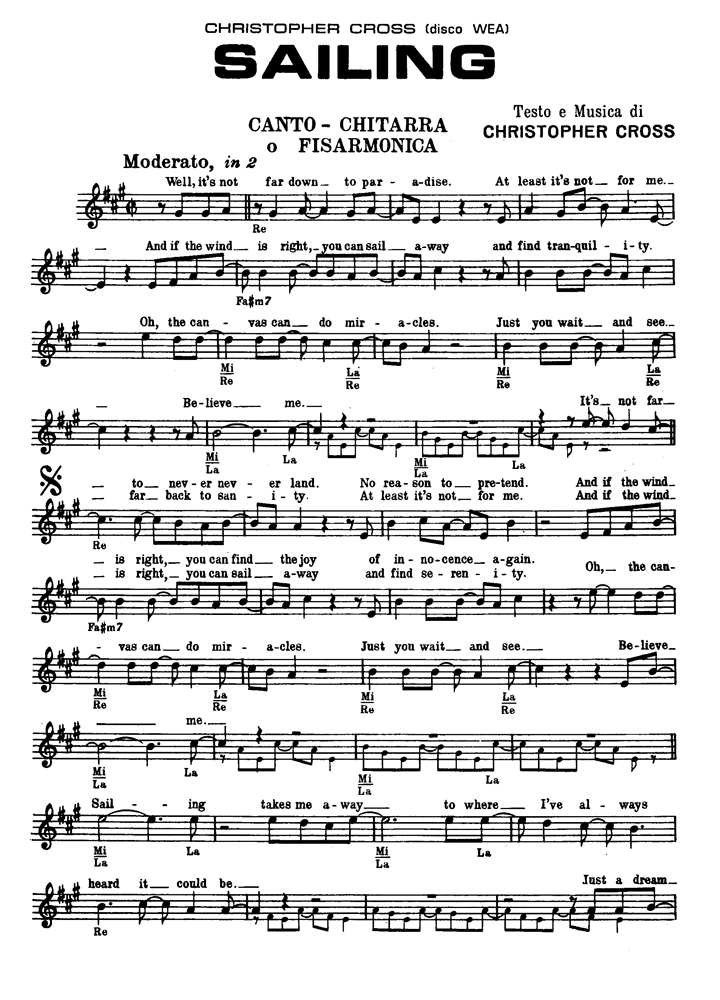 SAILING Christopher Cross Sheet music Guitar chords