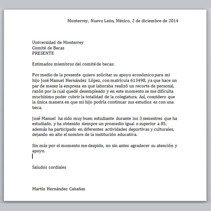 Ejemplos de carta de solicitud de beca