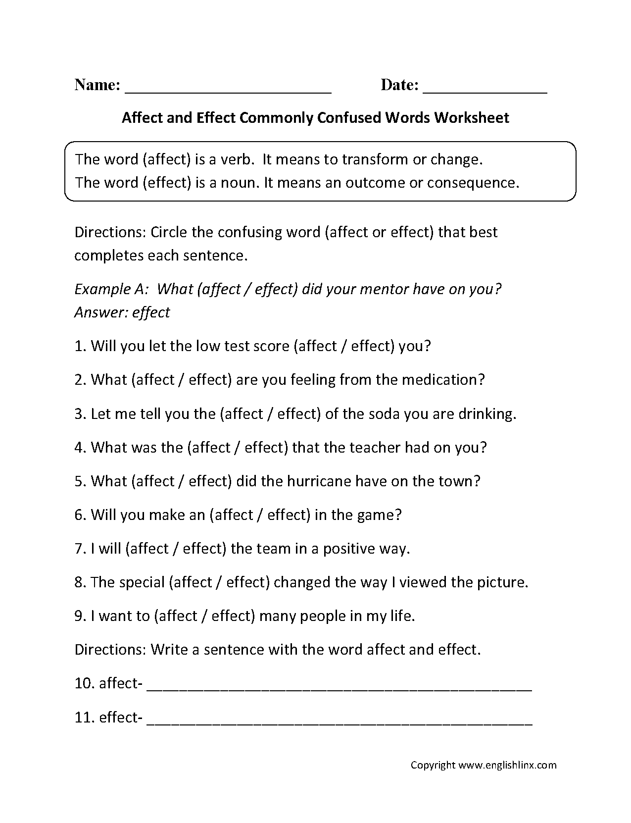 Commonly Confused Words Worksheets Affect and Effect