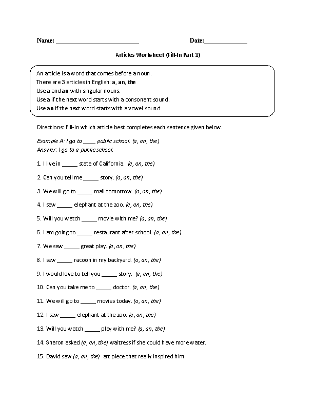 Articles Worksheets