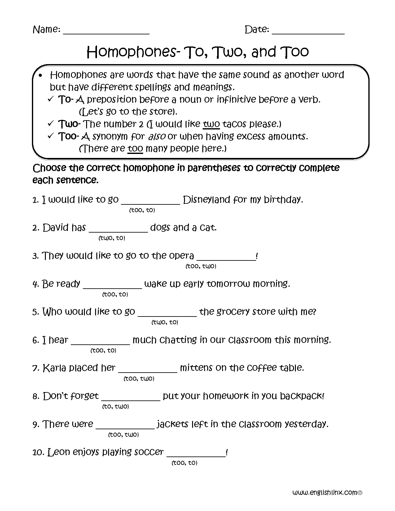 Homophones Worksheets Choosing To, Two, Too Homophones