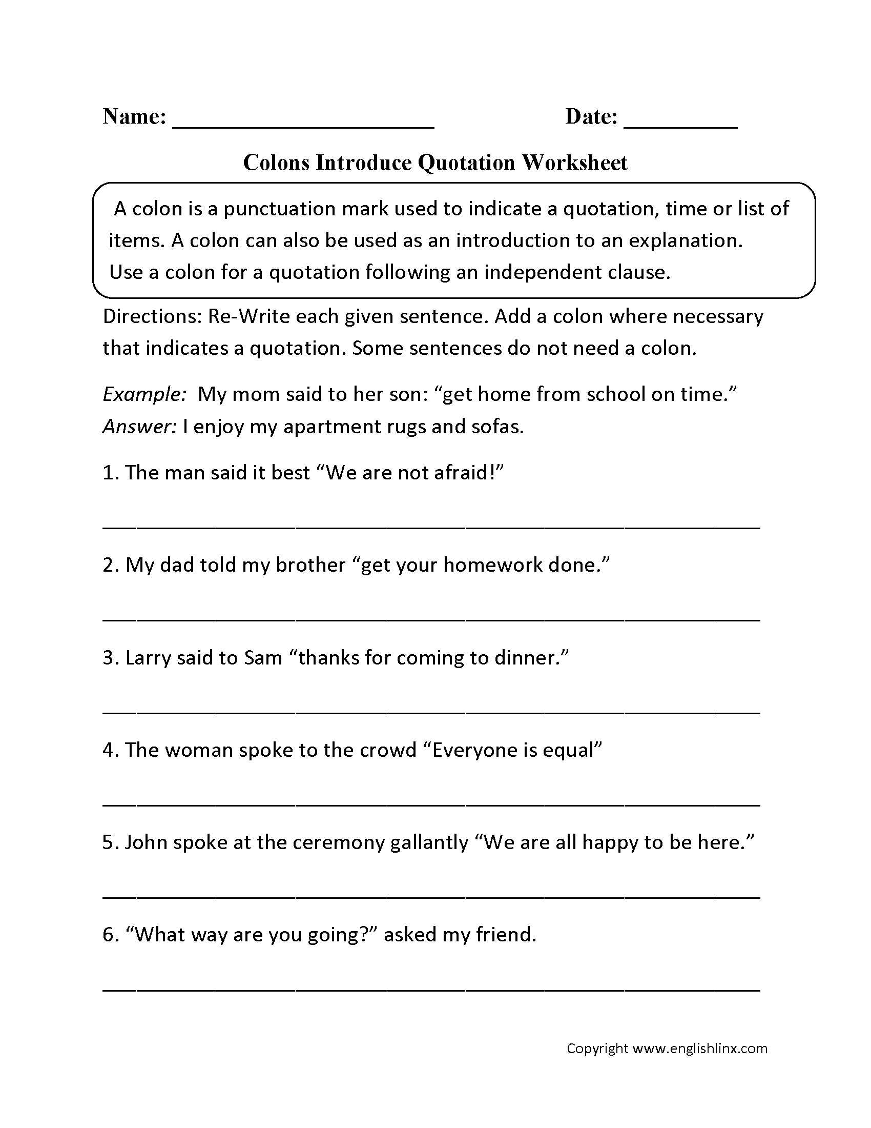 Punctuation Worksheets Colon Worksheets