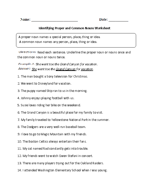 Proper and Common Nouns Worksheets Identifying Proper