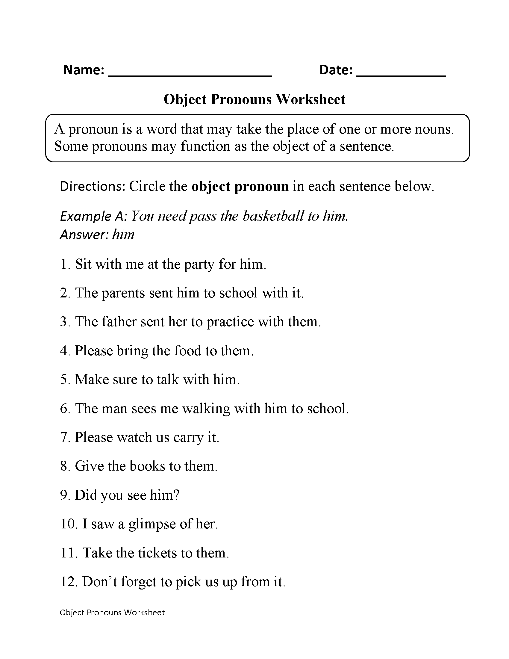 Pronouns Worksheets Subject and Object Pronouns Worksheets
