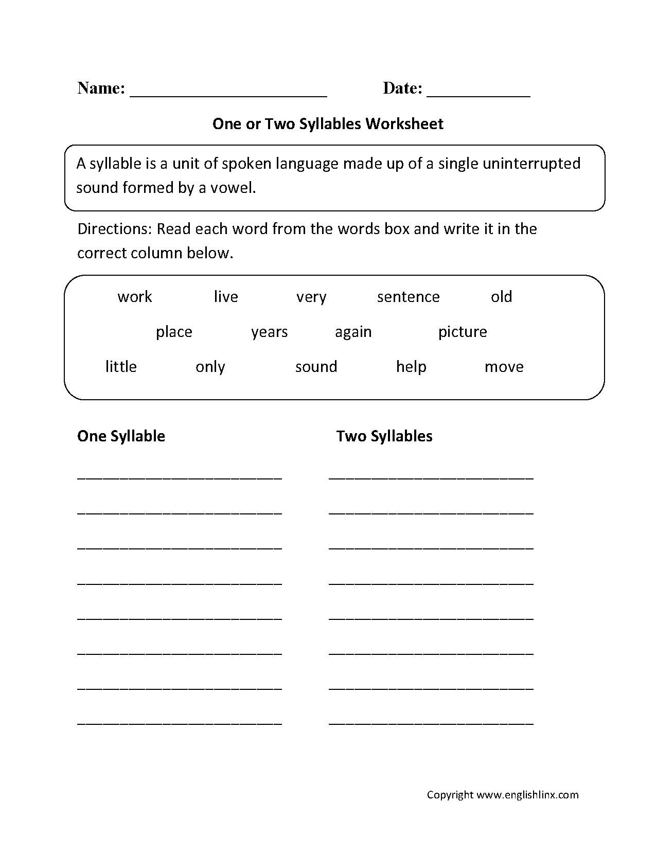 Syllables Worksheets One or Two Syllables Worksheet