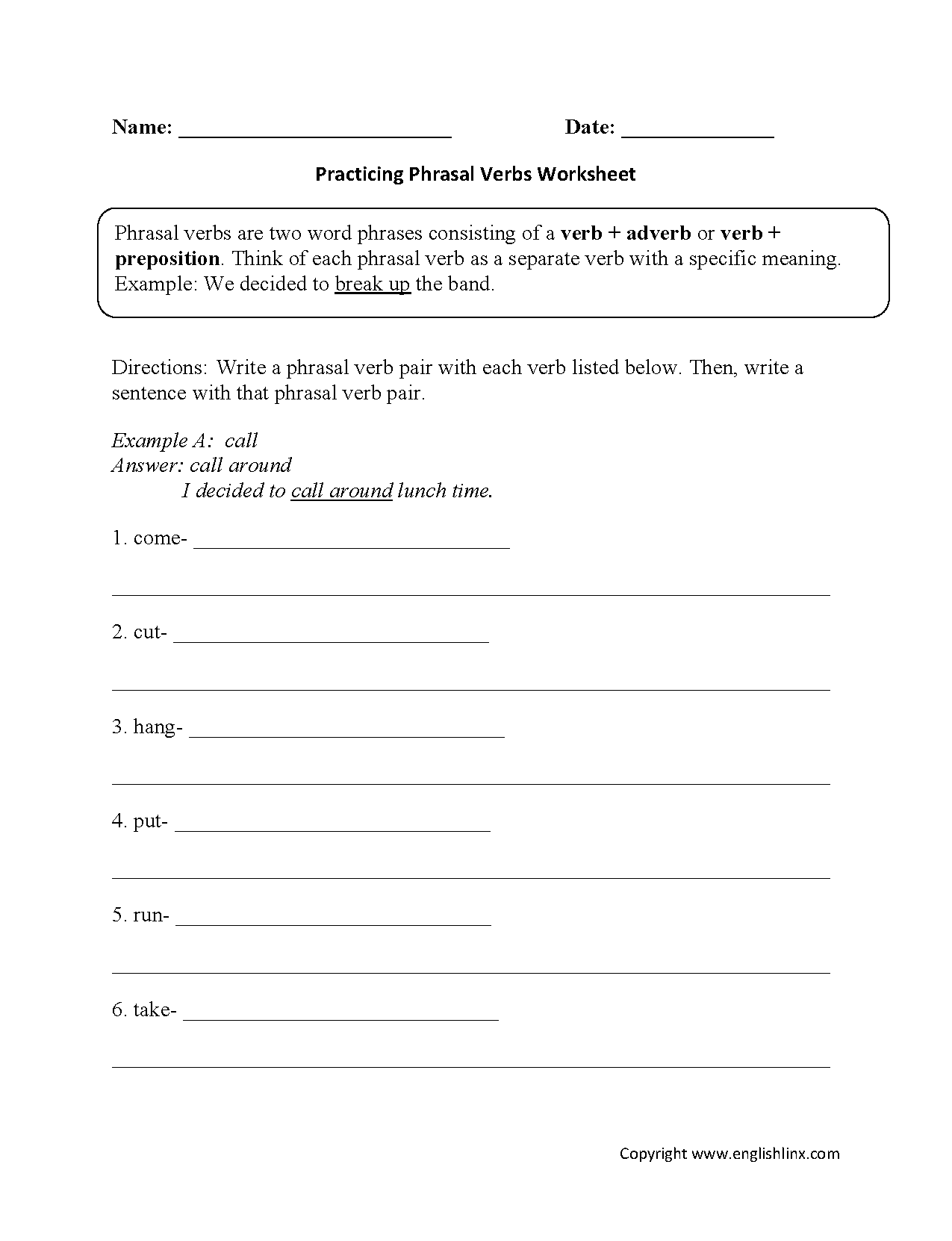 Phrasal Verbs Worksheets Practicing Phrasal Verbs Worksheet