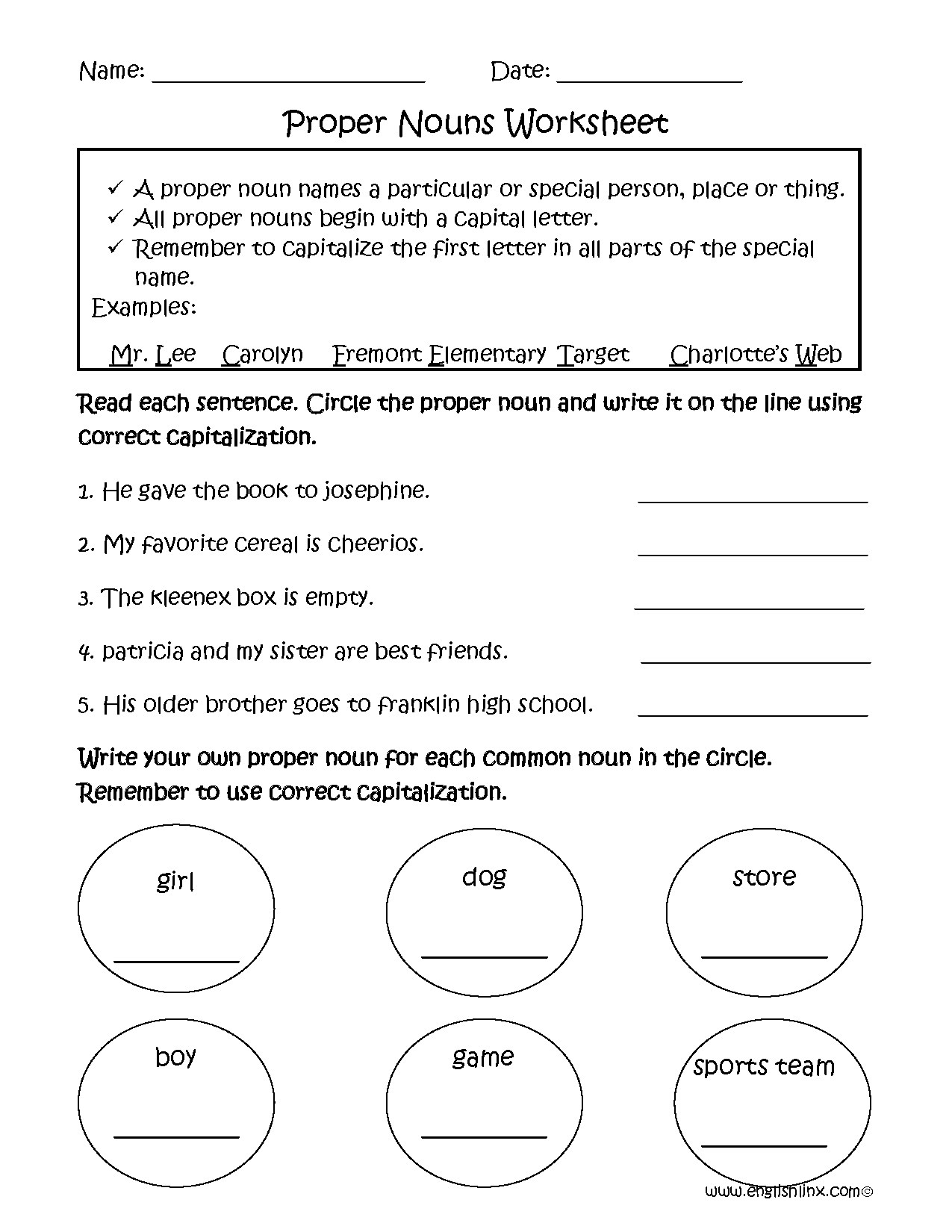 Proper and Common Nouns Worksheets Proper Nouns Worksheets
