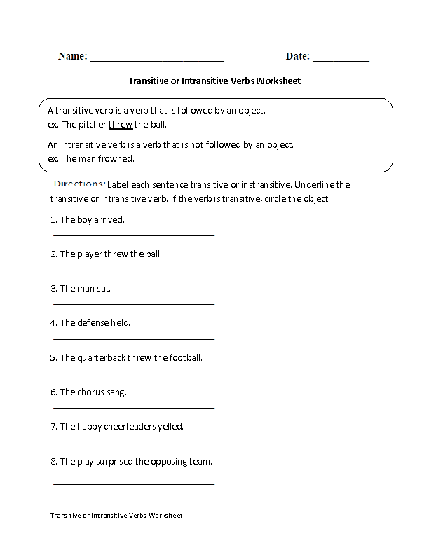Action Verbs Worksheets Transitive or Intransitive