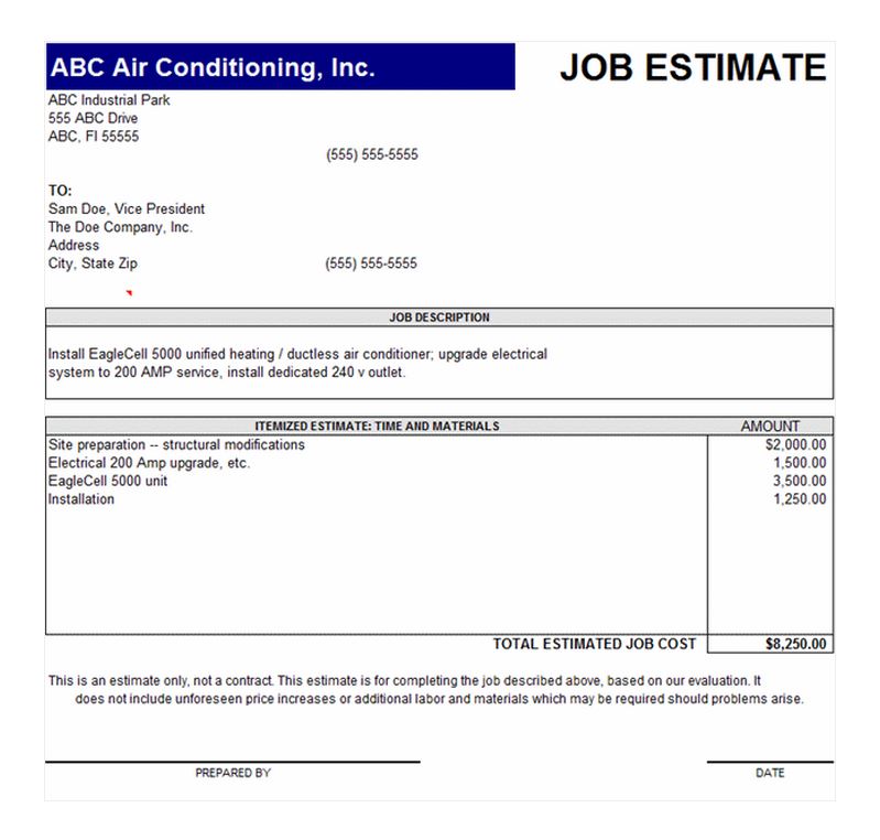 Job Estimate Template Job Estimate Form