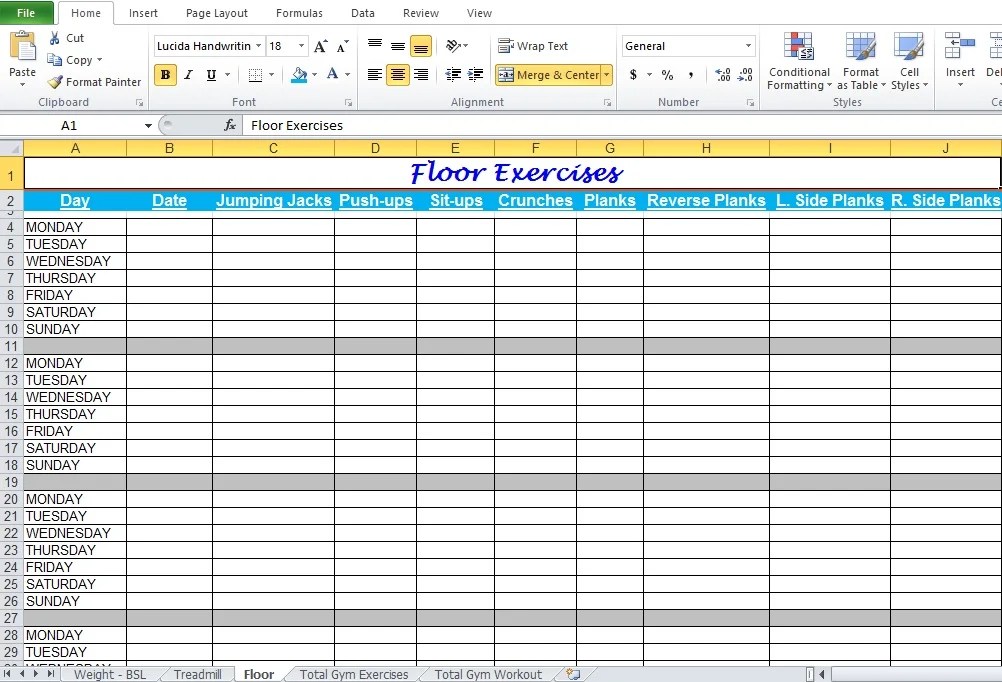 Gym Workout Plan Spreadsheet For Excel Excel Tmp