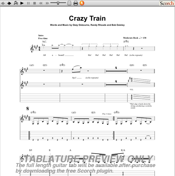 Ozzy Osbourne Crazy Train Guitar Tab Free Guitar Tab