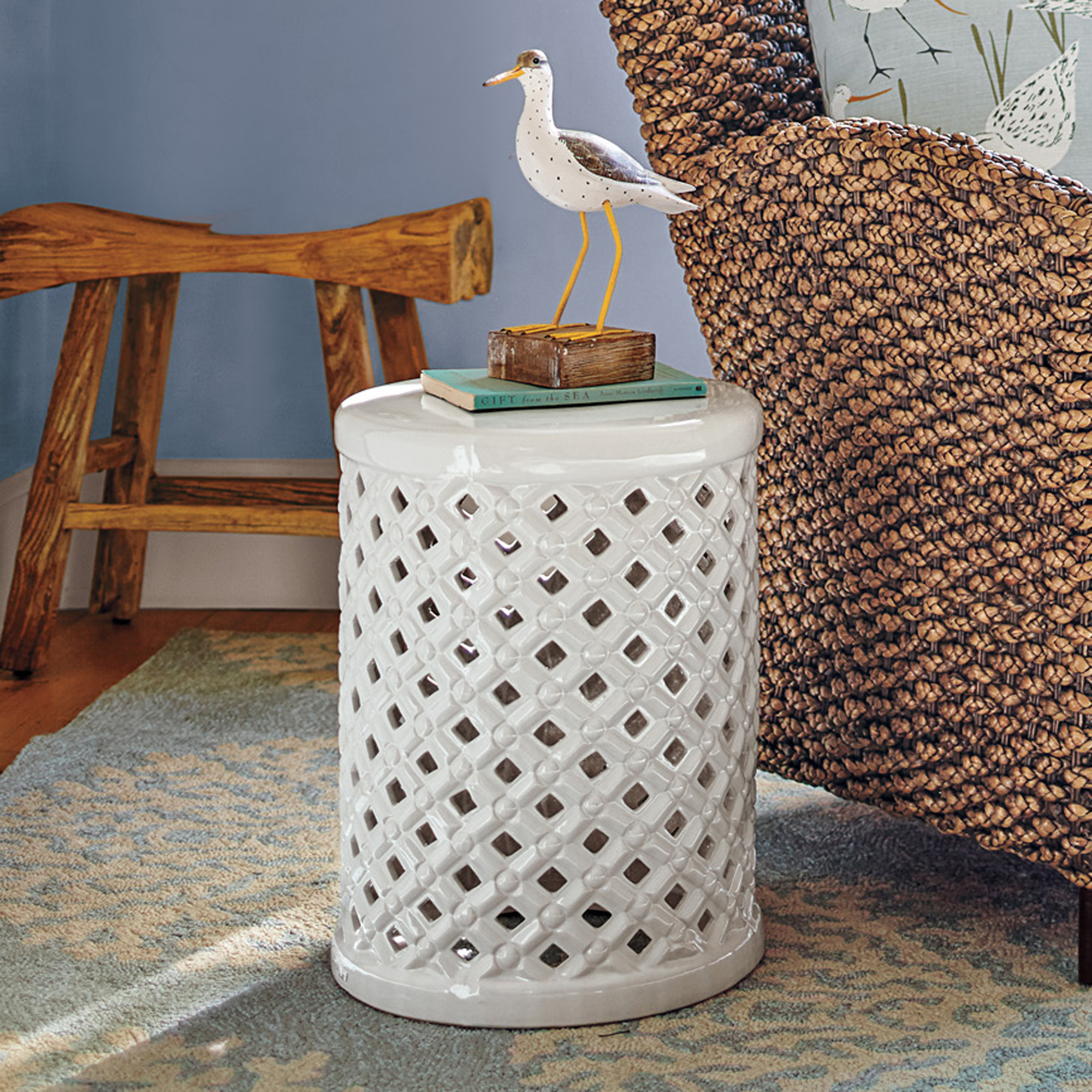 White Lattice Garden Stool, 18"H Gump's