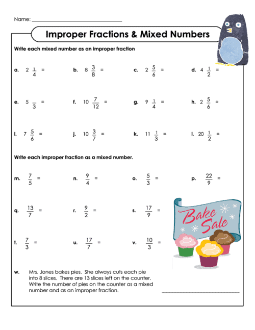 FREE Printable Improper Fractions & Mixed Numbers Worksheet