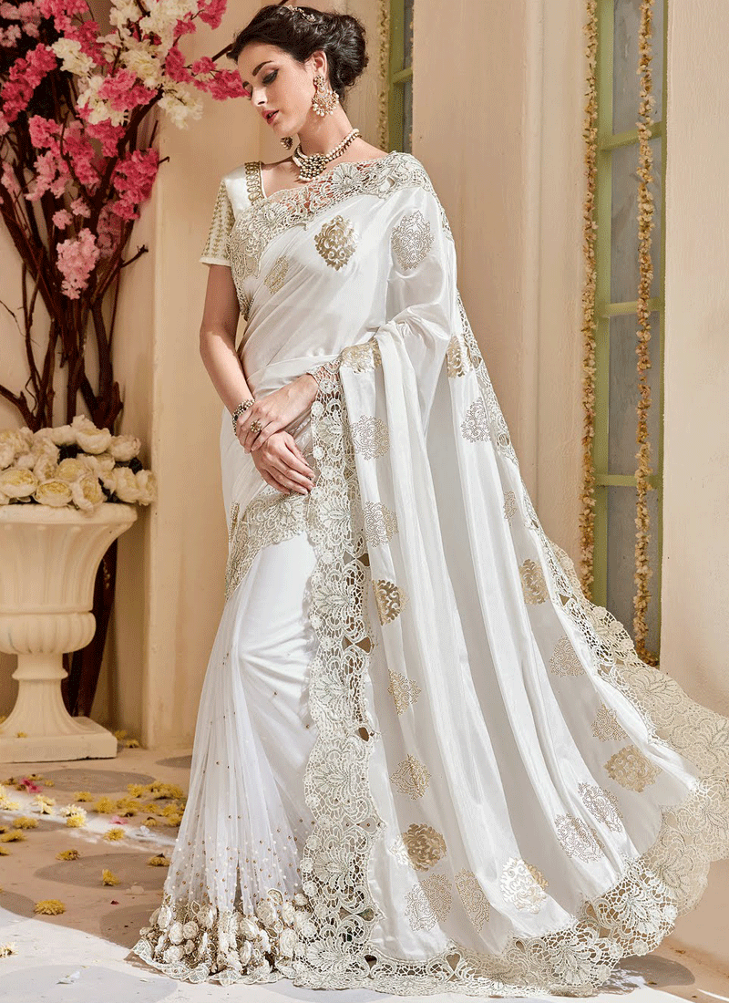 WHITE SILK N NET EMBELLISHED DESIGNER WEDDING SAREE