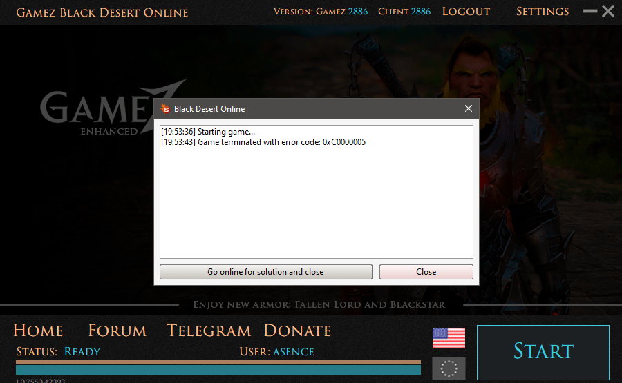 Game terminated with error code 0xC0000005 Gamez