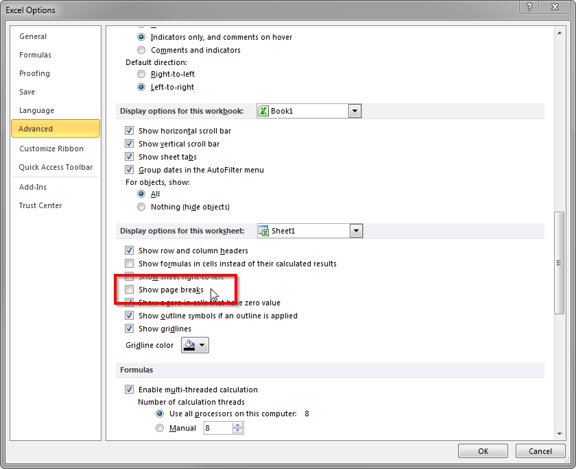 How can I easily toggle display of page breaks for all