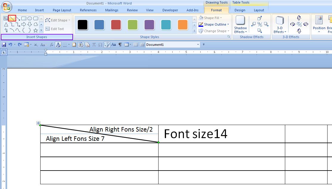 How to split a cell in table in Word 2010 so it can display 2 elements as a table header