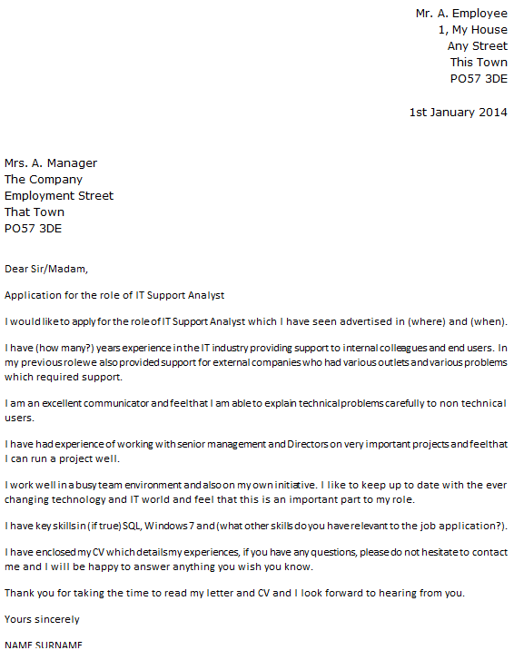 IT Support Analyst Cover Letter Example