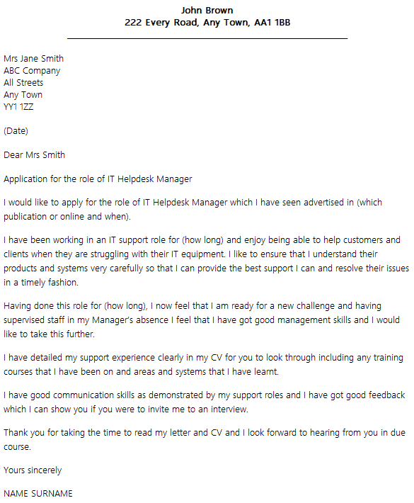 IT Helpdesk Manager Cover Letter Example