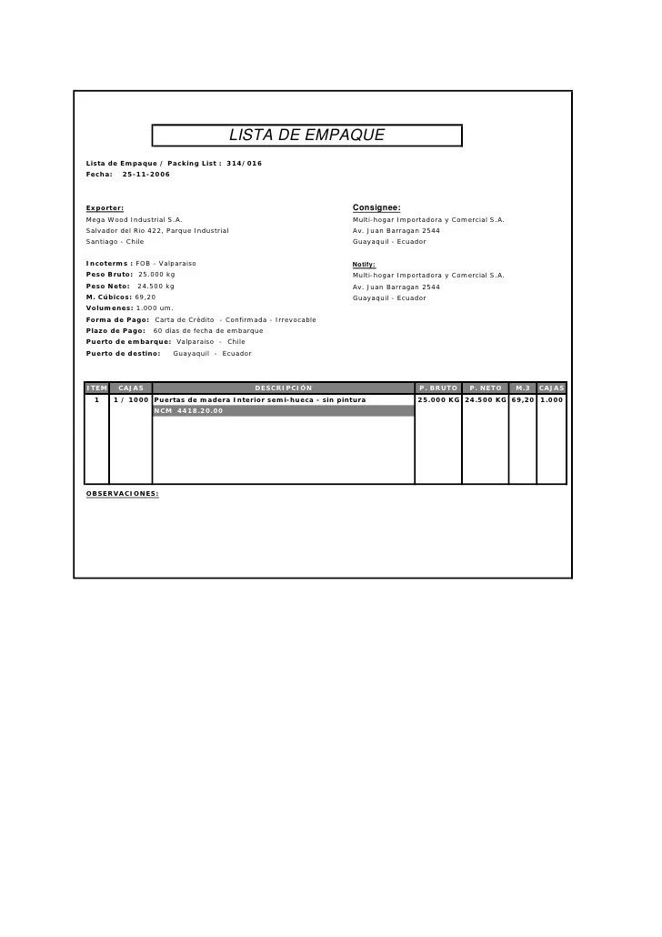 Lista de Empaque
