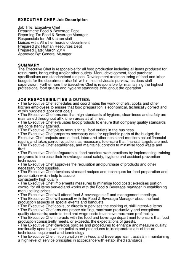 Executive Chef Job Description