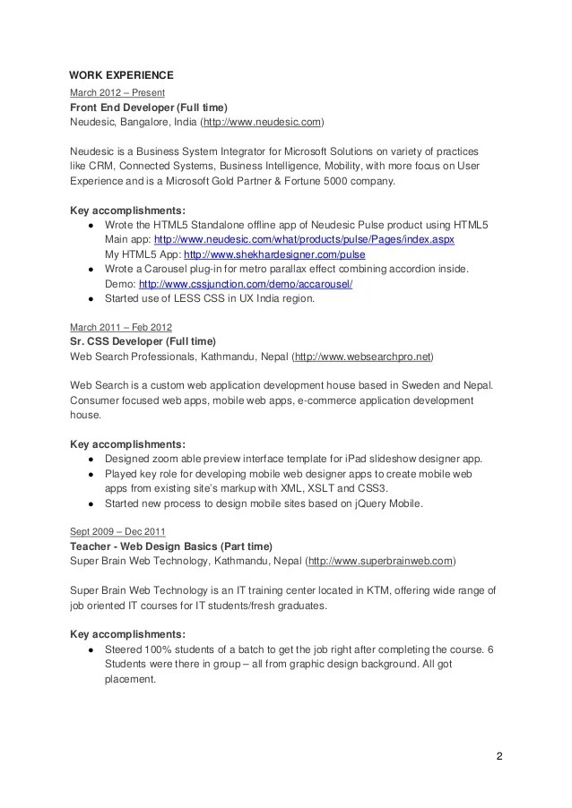 Sample Resume Of Front End Developer For Freshers Front