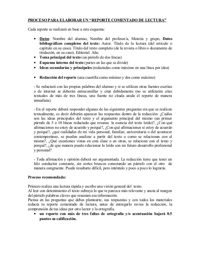 Proceso para elaborar un reporte de lectura