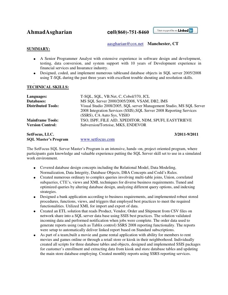 Resume sql server developer