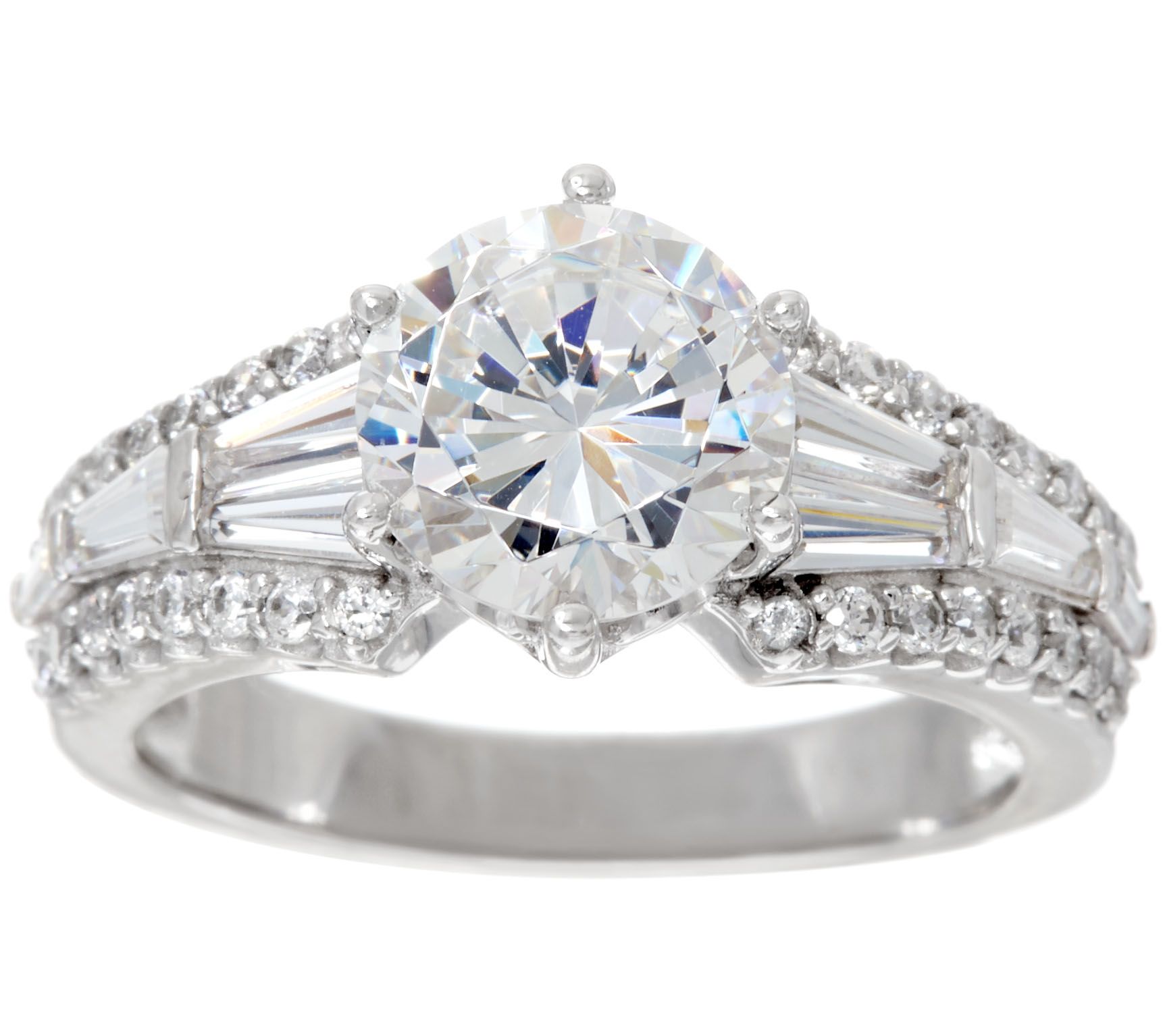 Diamonique Round & Baguette Bridal Ring, Platinum Clad