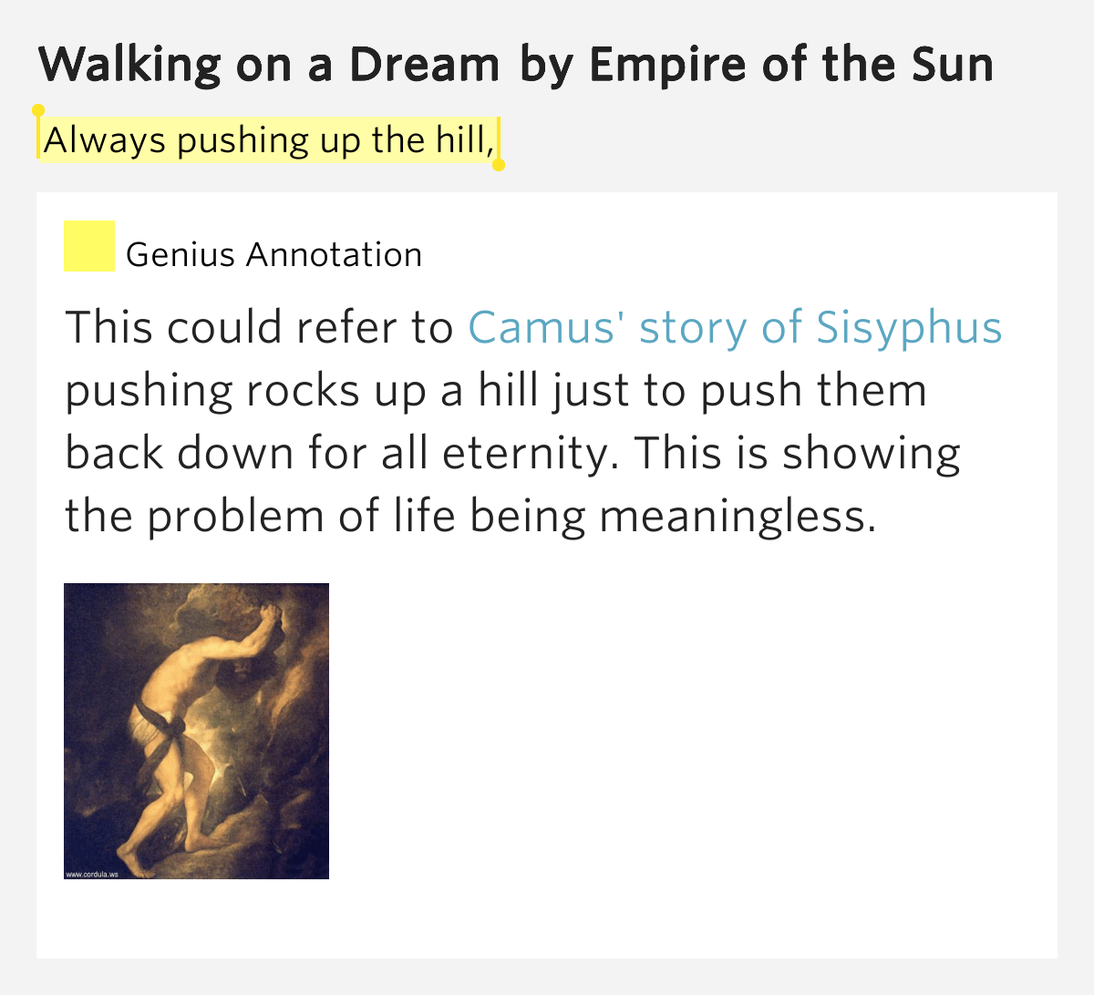 Always pushing up the hill, Walking on a Dream Lyrics