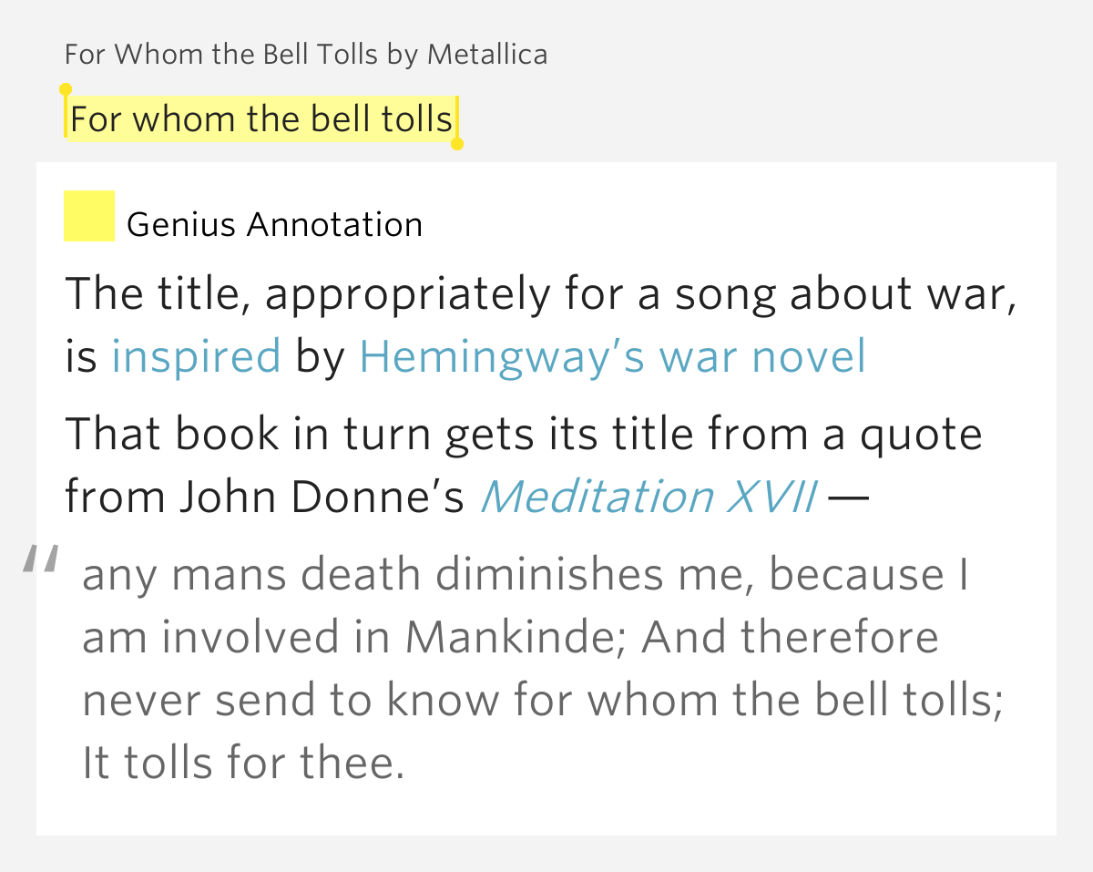 For whom the bell tolls For Whom the Bell Tolls Lyrics