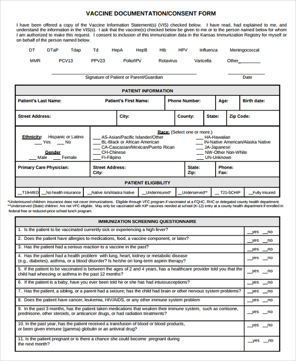 Sample Vaccine Consent Form 7+ Free Documents Download