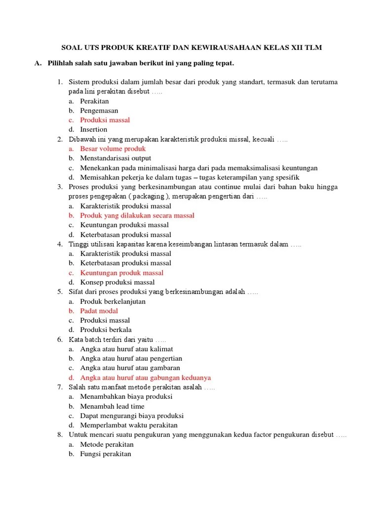 Soal Dan Jawaban Uts Kewirausahaan Kelas 12 - Kumpulan Contoh Surat dan  Soal Terlengkap