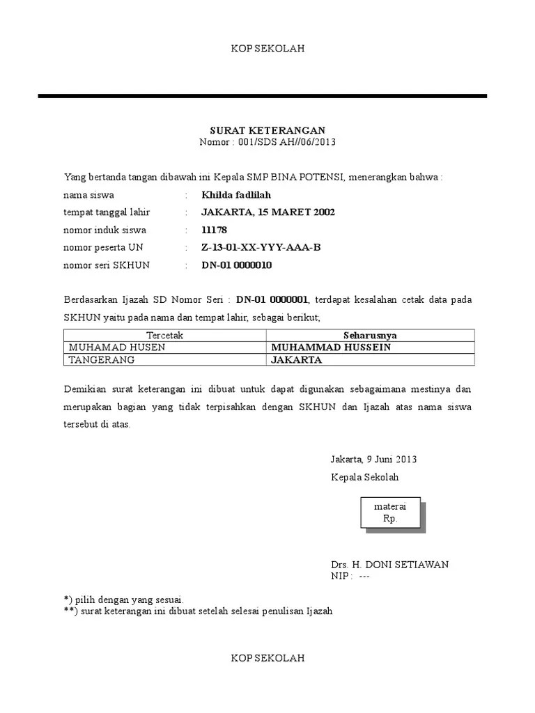 Contoh Surat Pernyataan Kesalahan Penulisan Tempat Lahir - Kumpulan Contoh  Surat dan Soal Terlengkap