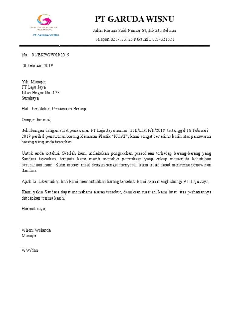 Contoh Surat Balasan Penolakan Penawaran Barang