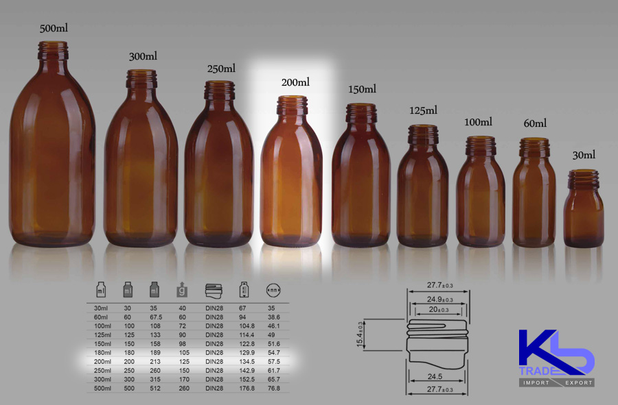 Kbtrade Amber Glass Syrup Bottle 200ml, Din28