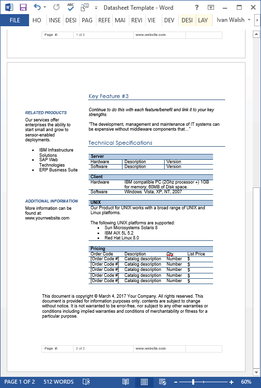 Datasheet Templates (2 x MS Word)