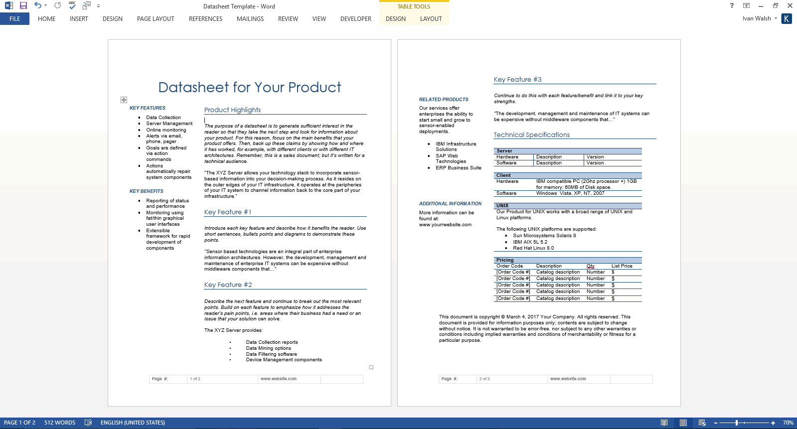 Datasheet Templates (2 x MS Word)